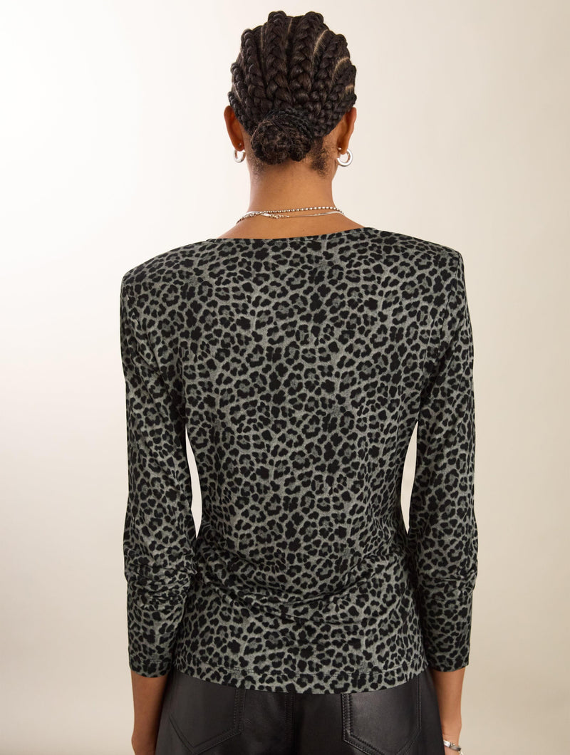 Shae Printed Jersey Crew Neck Top | Steel Leopard