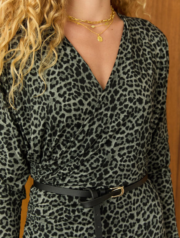 Kylar Printed Jersey Midi Dress | Steel Leopard