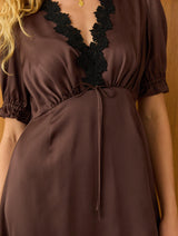 Immaculate Vegan - Valleta Vegan Satin Lace Trim Midi Dress | Brown