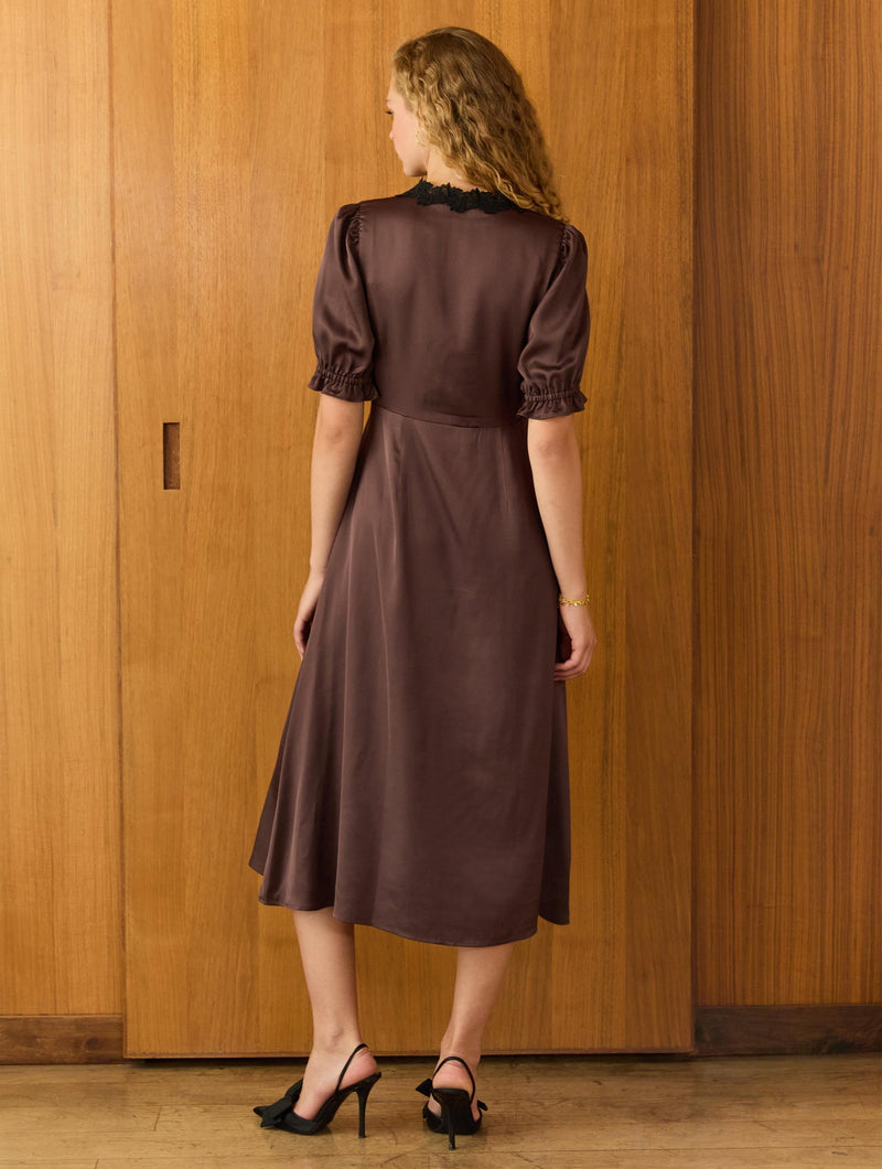 Valleta Vegan Satin Lace Trim Midi Dress | Brown