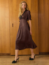 Immaculate Vegan - Valleta Vegan Satin Lace Trim Midi Dress | Brown