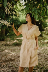 Immaculate Vegan - AmourLinen Olivia Linen Wrap Dress | Multiple Colours Mustard / Size 1: XS/S/M US 2-8 / UK 4-10 / EU 32-38