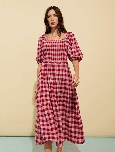 Davina Viscose & Linen Gingham Midi Dress | Pink & Burgundy Gingham Immaculate Vegan Davina Viscose & Linen Gingham Midi Dress | Pink & Burgundy Gingham Immaculate Vegan