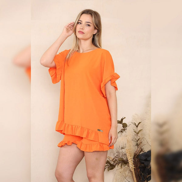 VEGAN Happy Vegan Ruffled Trim Relaxed Shorts Set