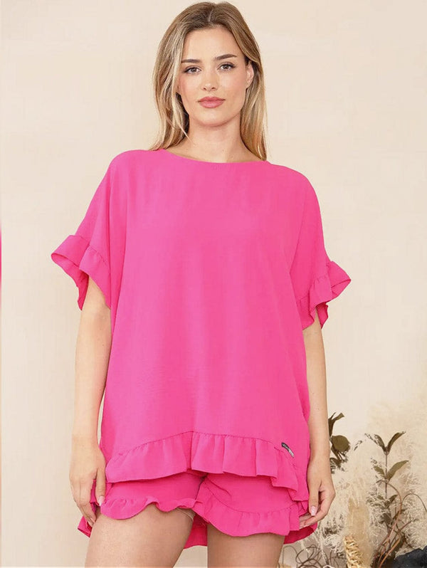 VEGAN Happy Vegan Women's Ruffled Trim Relaxed Shorts Set | Multiple Colours