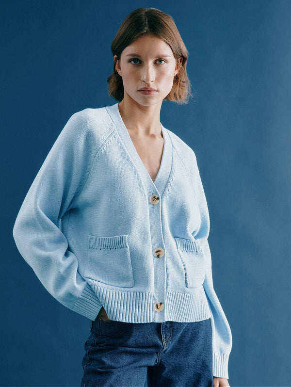 Albaray Relaxed Cotton V-Neck Cardigan | Blue