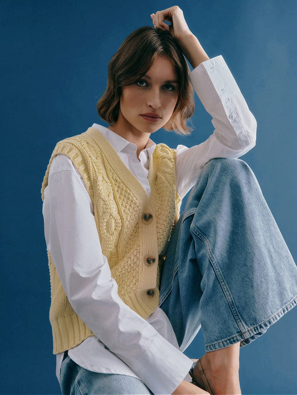 Albaray Responsibly Sourced Cotton Button Through Cable Tank | Butter Yellow