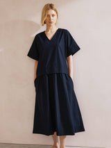 Immaculate Vegan - Albaray Navy Drop Waist V Neck Cotton Dress