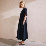 Immaculate Vegan - Albaray Navy Drop Waist V Neck Cotton Dress
