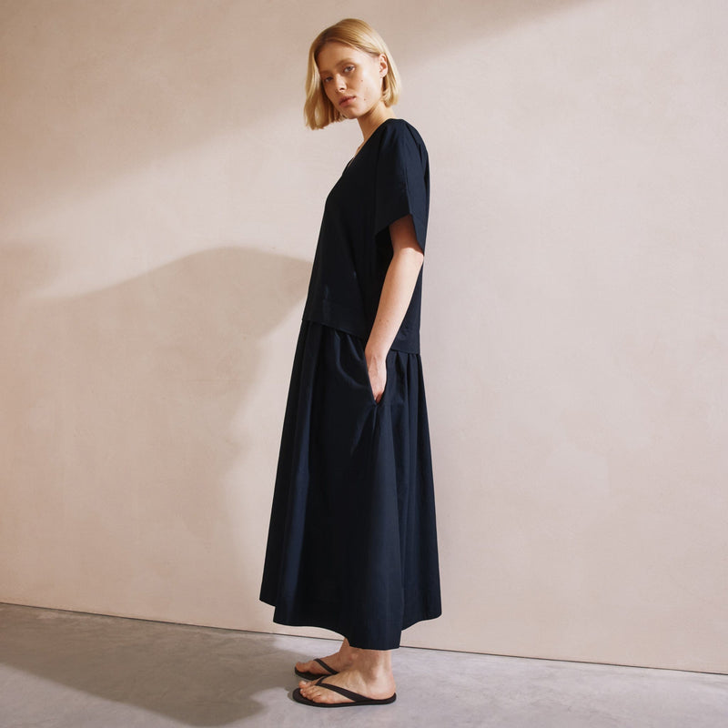 Albaray Navy Drop Waist V Neck Cotton Dress