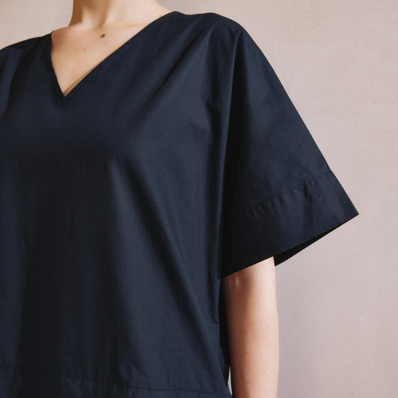 Albaray Navy Drop Waist V Neck Cotton Dress
