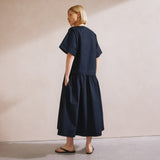 Immaculate Vegan - Albaray Navy Drop Waist V Neck Cotton Dress