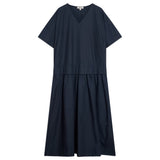 Immaculate Vegan - Albaray Navy Drop Waist V Neck Cotton Dress