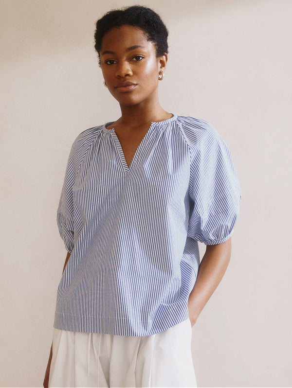 Albaray Organic Cotton Notch Neck Top | Blue Ticking Stripe