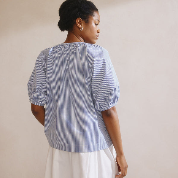 Albaray Organic Cotton Notch Neck Top | Blue Ticking Stripe