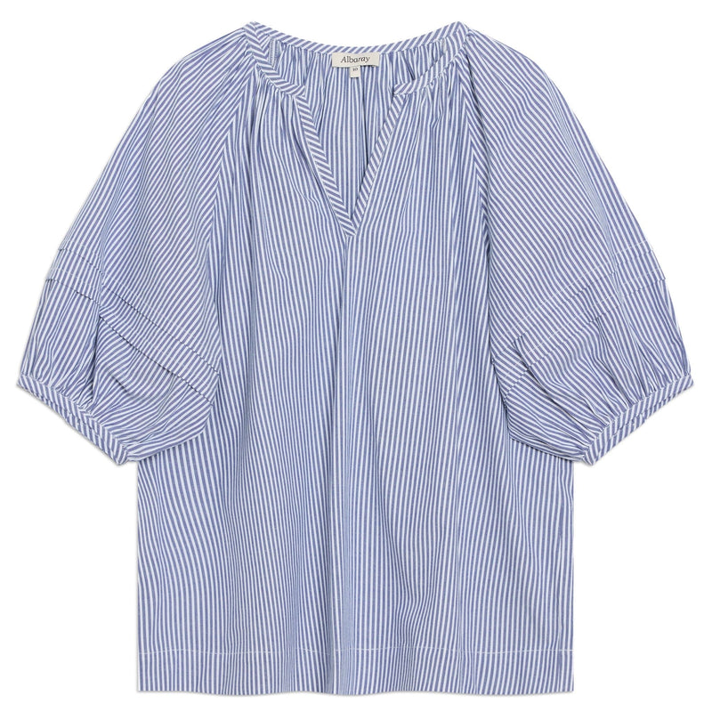 Albaray Organic Cotton Notch Neck Top | Blue Ticking Stripe