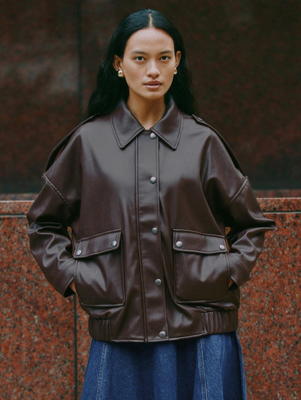 Albaray Chocolate Faux Leather Bomber