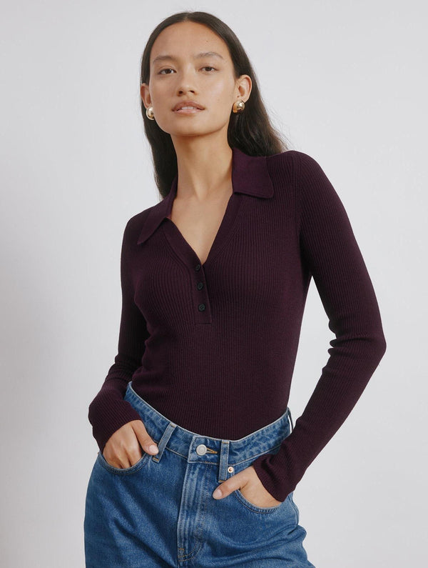 Albaray Burgundy Rib V Neck Button Top