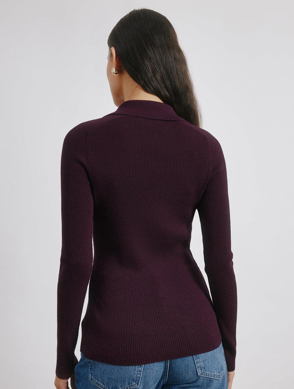 Albaray Burgundy Rib V Neck Button Top