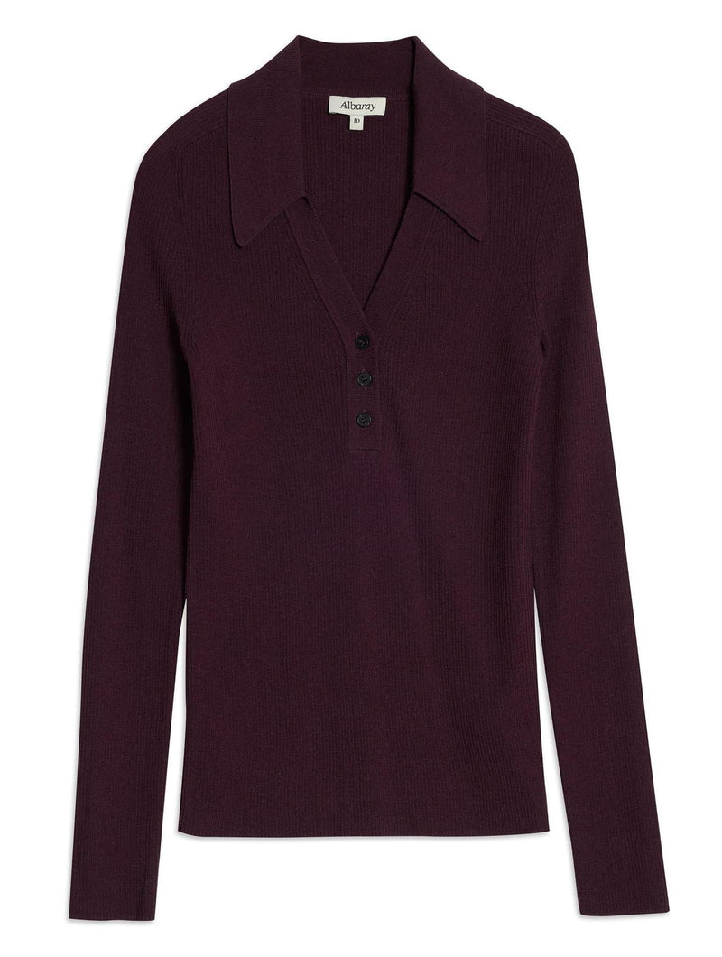 Albaray Burgundy Rib V Neck Button Top