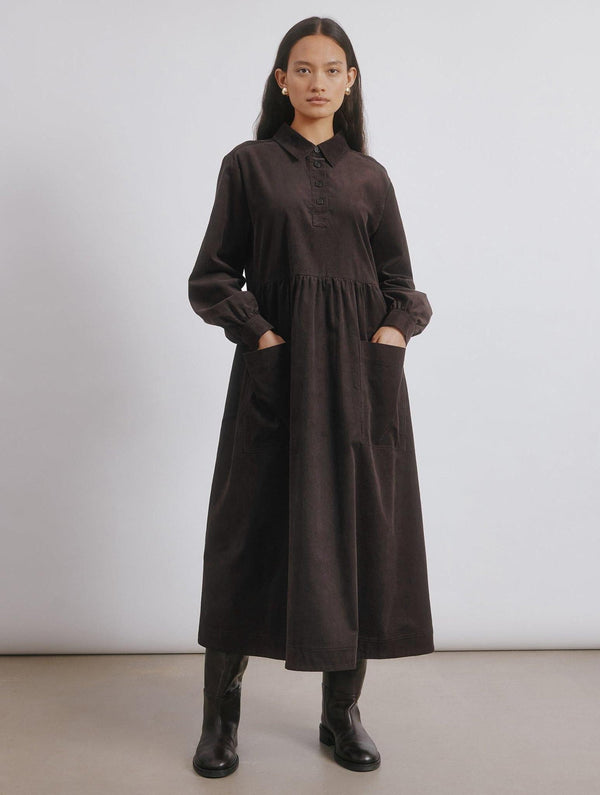 Albaray Brown Cord Placket Midi Dress