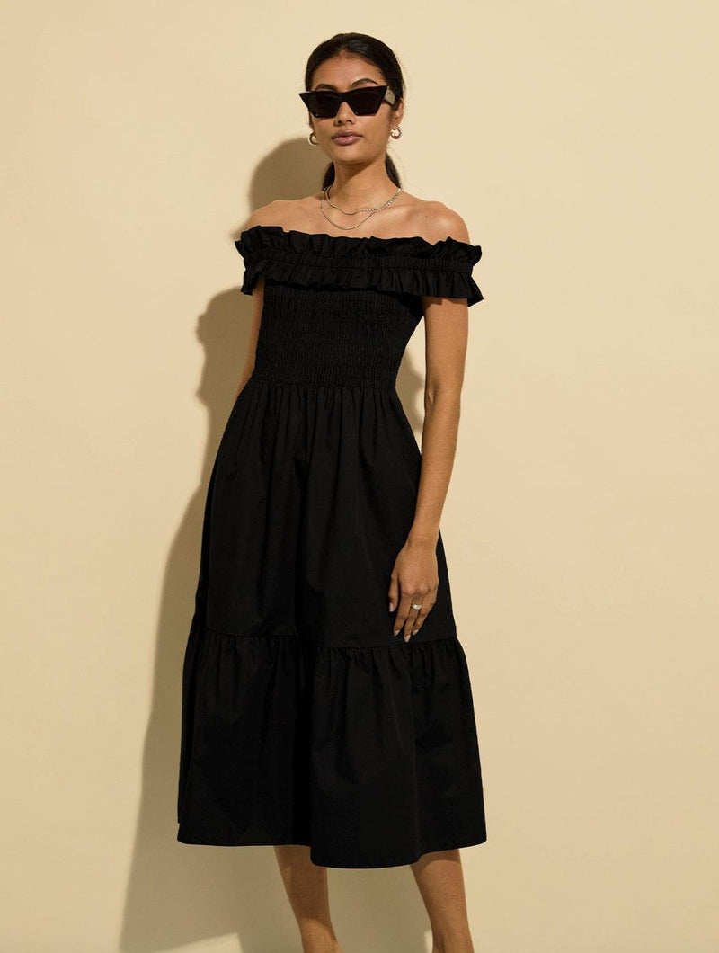 Rafaella Organic Cotton Off Shoulder Midi Dress | Caviar Black Immaculate Vegan Rafaella Organic Cotton Off Shoulder Midi Dress | Caviar Black Immaculate Vegan