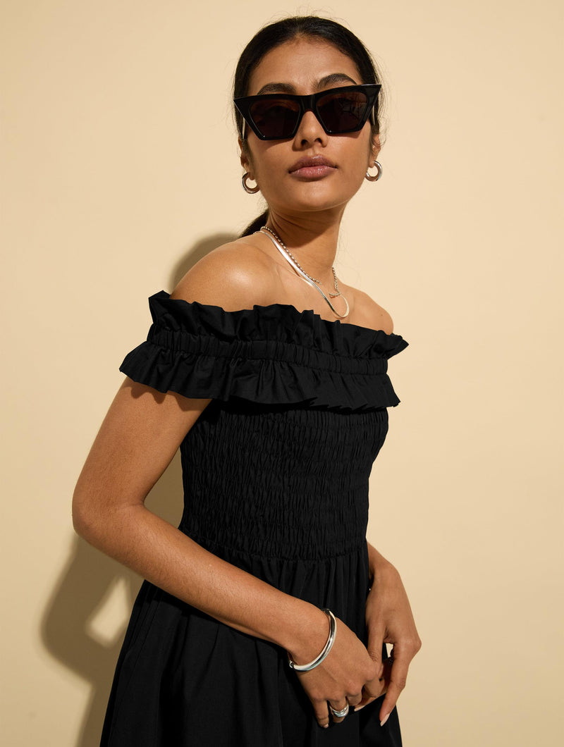 Rafaella Organic Cotton Off Shoulder Midi Dress | Caviar Black Immaculate Vegan Rafaella Organic Cotton Off Shoulder Midi Dress | Caviar Black Immaculate Vegan