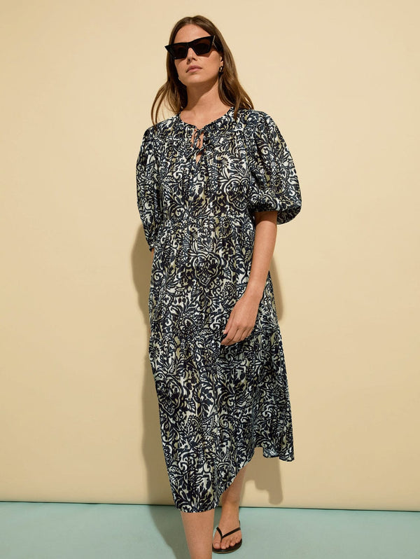 Baukjen Mathilda Organic Cotton Kaftan Dress | Black Stencil Print