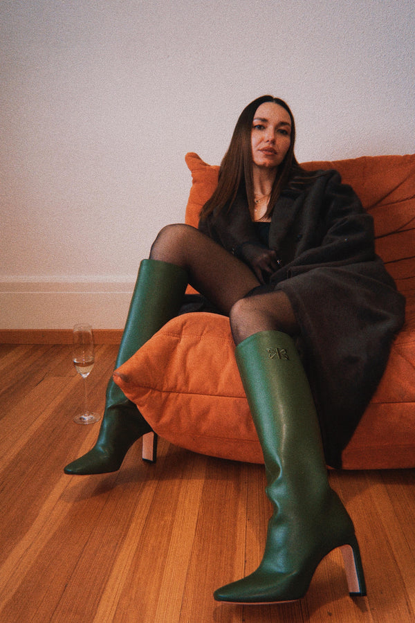 8.30am Cactus Leather Vegan High Knee Heeled Boots | Dark Green