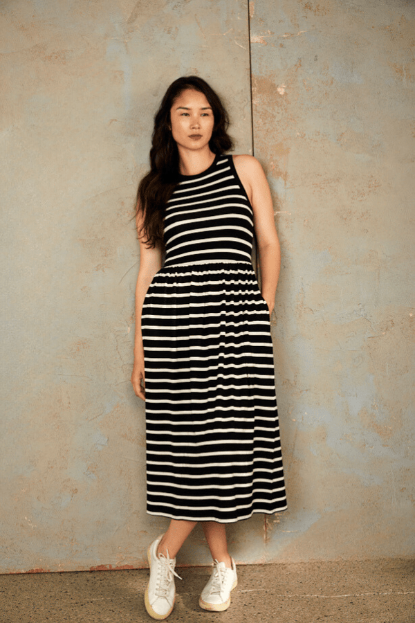 The Bshirt Bshirt Women's Racer Back Gathered Dress in Black and White Stripes