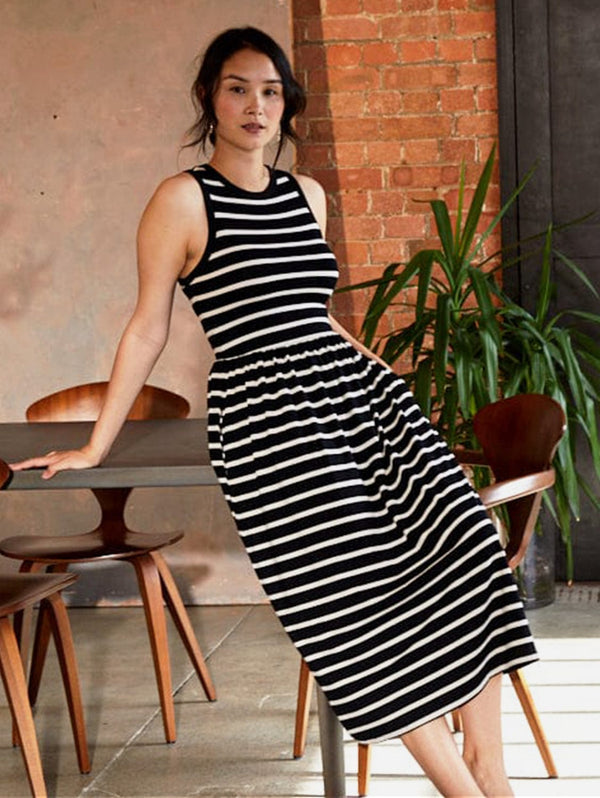 The Bshirt Racer Viscose Back Gathered Dress | Black & White Stripes