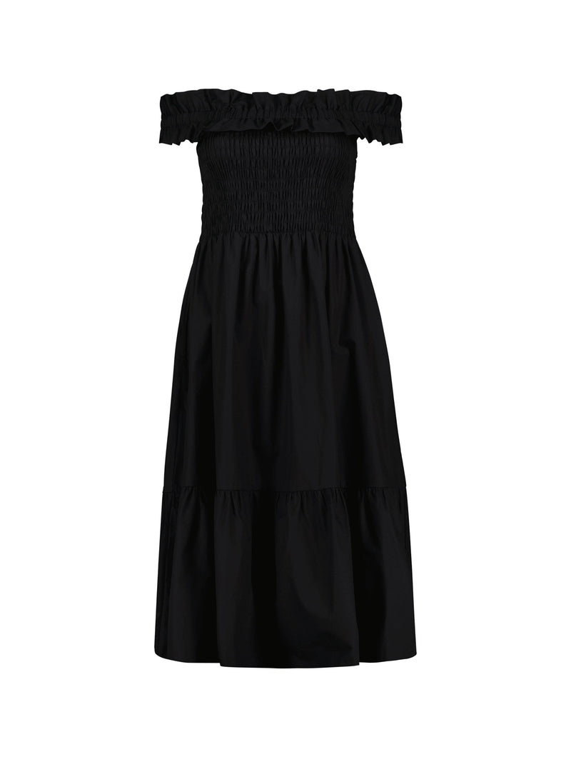 Rafaella Organic Cotton Off Shoulder Midi Dress | Caviar Black Immaculate Vegan Rafaella Organic Cotton Off Shoulder Midi Dress | Caviar Black Immaculate Vegan