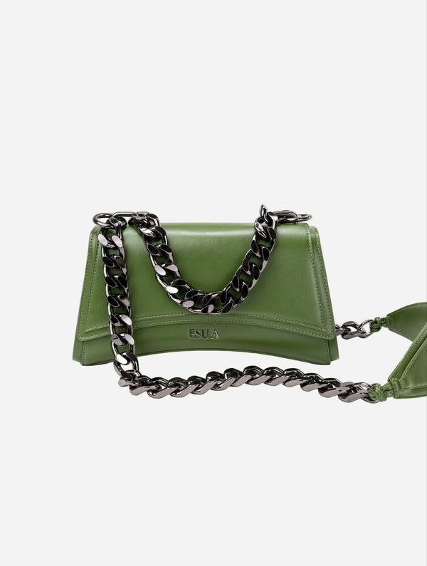 Eslla Dharma Desserto Cactus Leather Vegan Crossbody With Gunmetal Chain | Green With Green Trim