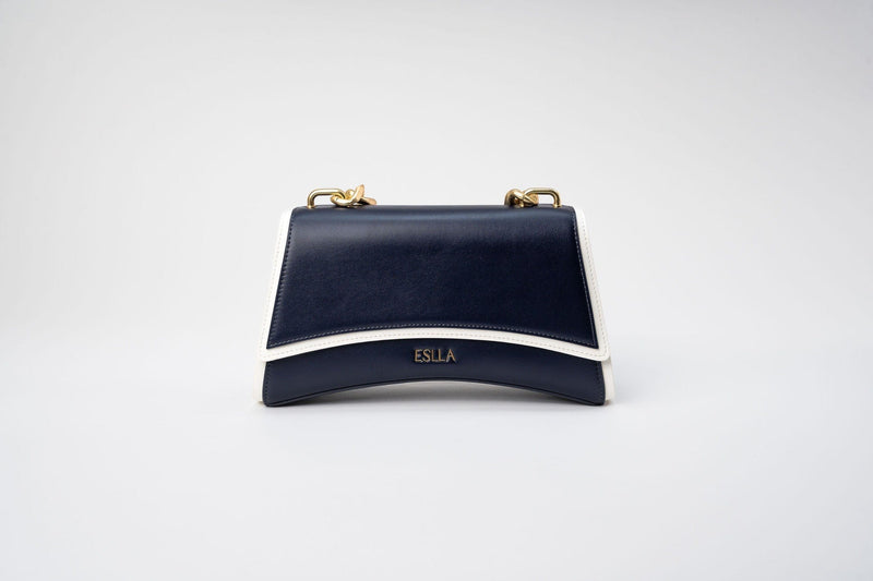 Eslla Dharma Desserto Cactus Leather Vegan Crossbody With Matte Gold Chain | Navy & White Trim