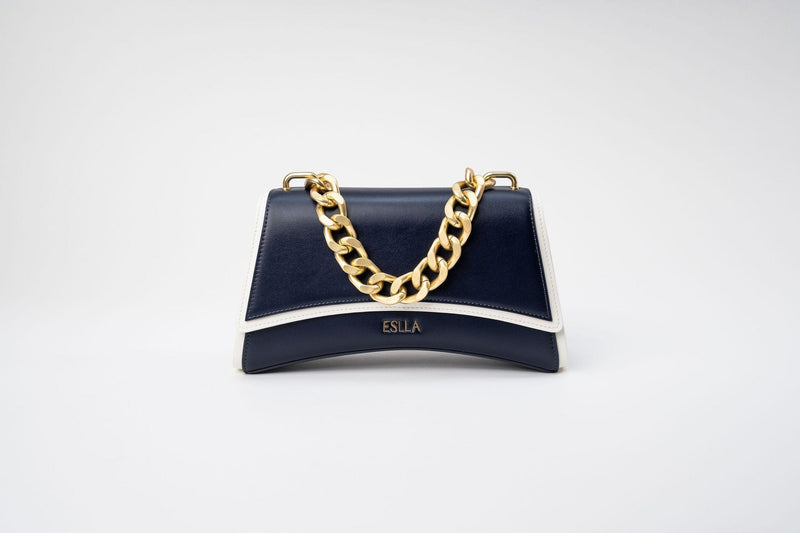 Eslla Dharma Desserto Cactus Leather Vegan Crossbody With Matte Gold Chain | Navy & White Trim