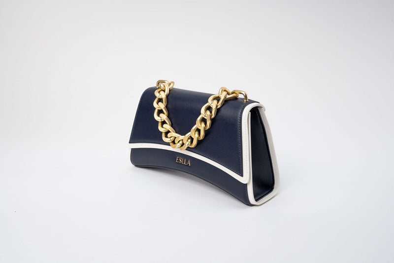 Eslla Dharma Desserto Cactus Leather Vegan Crossbody With Matte Gold Chain | Navy & White Trim