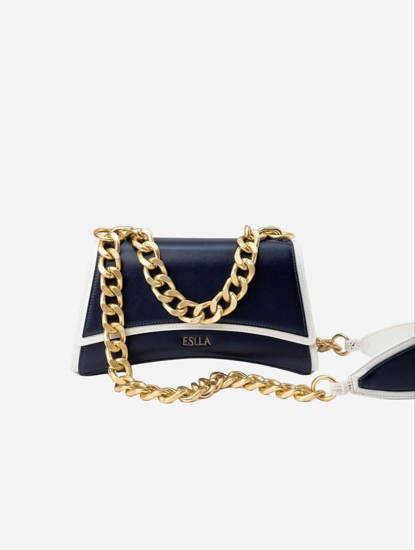 Eslla Dharma Desserto Cactus Leather Vegan Crossbody With Matte Gold Chain | Navy & White Trim