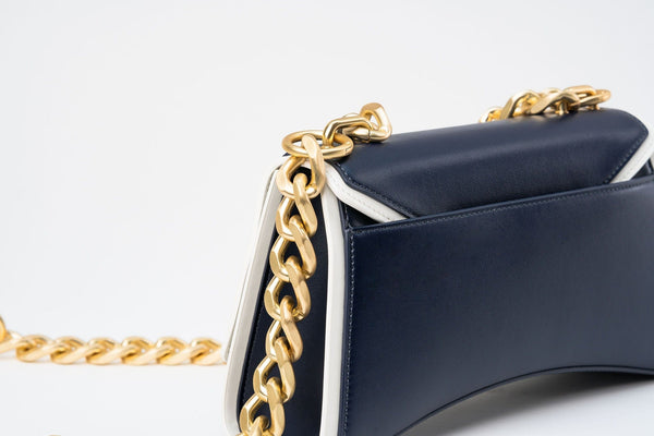 Eslla Dharma Desserto Cactus Leather Vegan Crossbody With Matte Gold Chain | Navy & White Trim