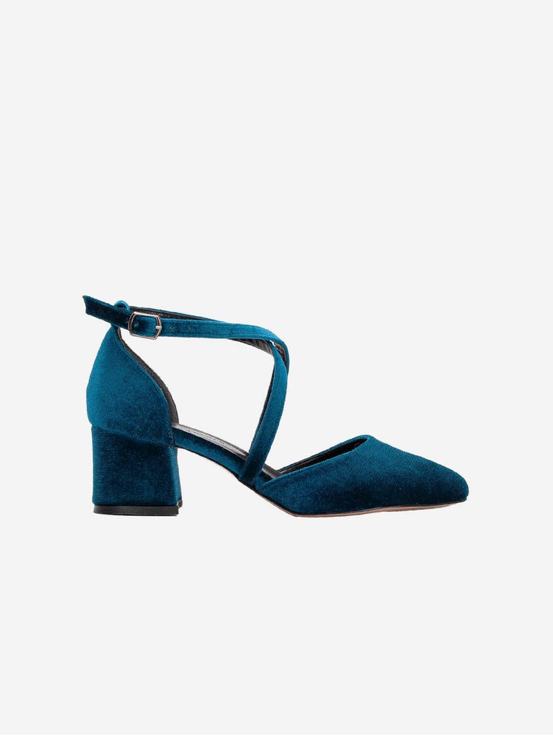 Forever and Always Shoes Dolly Vegan Velvet  Block Heels | Teal Blue