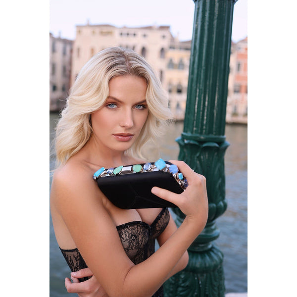 Diamond River Vegan Clutch Bag | Black & Coloured Crystal