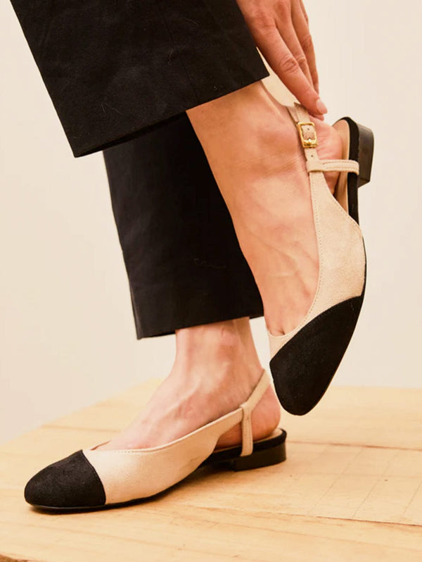 Minuit sur Terre Hortense Vegan Recycled Grain Slingback Pumps | Black & Beige UK2.5 / EU35 / US4