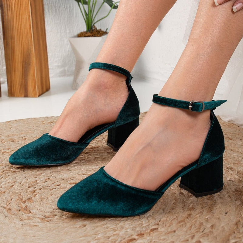 Forever and Always Shoes Marcelle Vegan Velvet Low Heels | Emerald Green