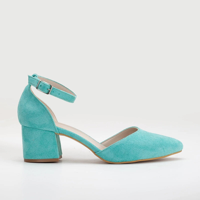 Forever and Always Shoes Miranda Vegan Velvet Pearl Low Heels | Aqua Blue