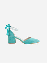 Immaculate Vegan - Forever and Always Shoes Miranda Vegan Velvet Pearl Low Heels | Aqua Blue