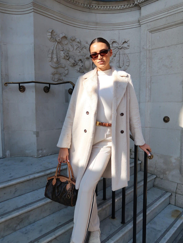 Issy London Rosie Statement Coat Vegan Faux Suede & Shearling Neutral Cream