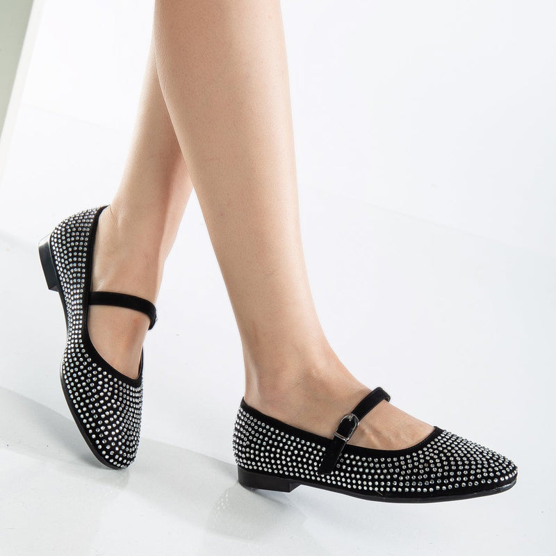 Emilie Vegan Suede Mary Jane Flats | Studded Mini Crystal