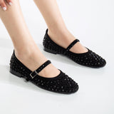 Immaculate Vegan - Prologue Shoes Emilie Vegan Suede Mary Jane Flats | Black Studded Crystal