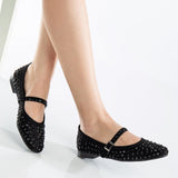 Immaculate Vegan - Prologue Shoes Emilie Vegan Suede Mary Jane Flats | Black Studded Crystal