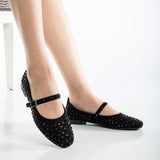 Immaculate Vegan - Emilie Vegan Suede Mary Jane Flats | Black Studded Crystal