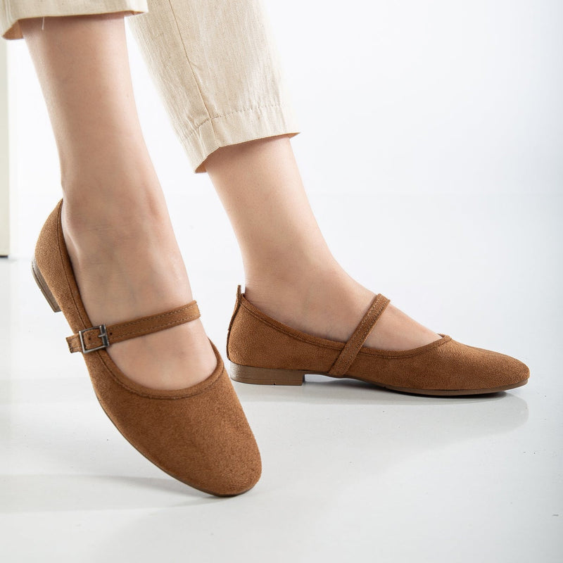 Prologue Shoes Emilie Vegan Suede Mary Jane Flats | Cognac Brown